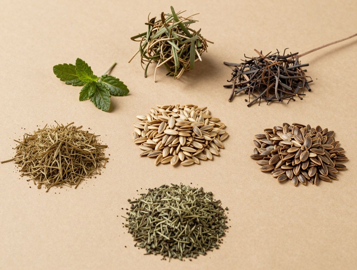 Makroaufnahme verschiedener natürlicher Pflanzenwirkstoffe – getrocknete Kräuter, Samen und Wildpflanzen auf dunkler strukturierter Oberfläche mit tiefen Schatten und warmer Beleuchtung
