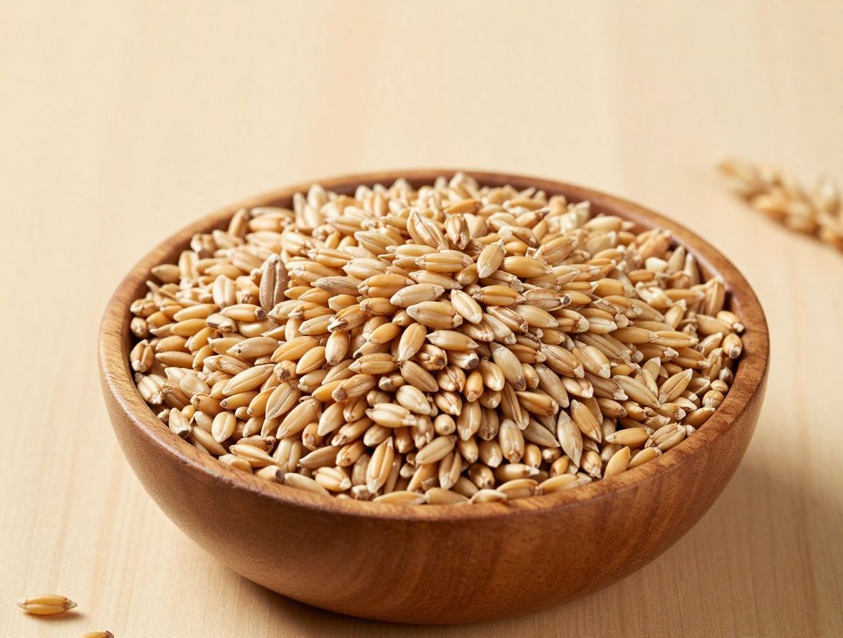 Weizenkörner und Haferflocken in einer Holzschale – natürliche Quellen für B-Vitamine, warmes natürliches Licht, rustikale Atmosphäre