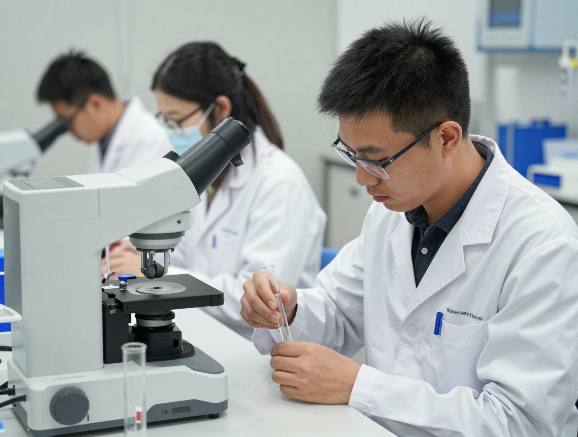 Wissenschaftliches Labor mit modernem Analysegerät und Glaskolben auf einer sauberen weißen Arbeitsfläche – keine Menschen, fokussiert auf Forschungsatmosphäre