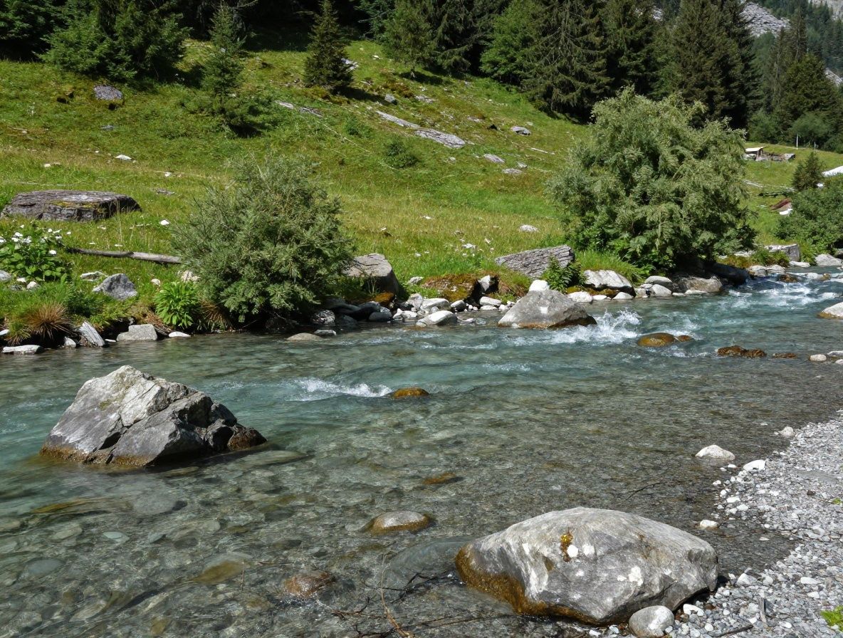 Natürliche Berglandschaft in der Schweiz mit klarem Wasser und grüner Vegetation – stilles Panorama als Symbol für natürliche Ressourcen und Reinheit